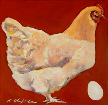 Poule rousse et son œuf, 30x30 cm